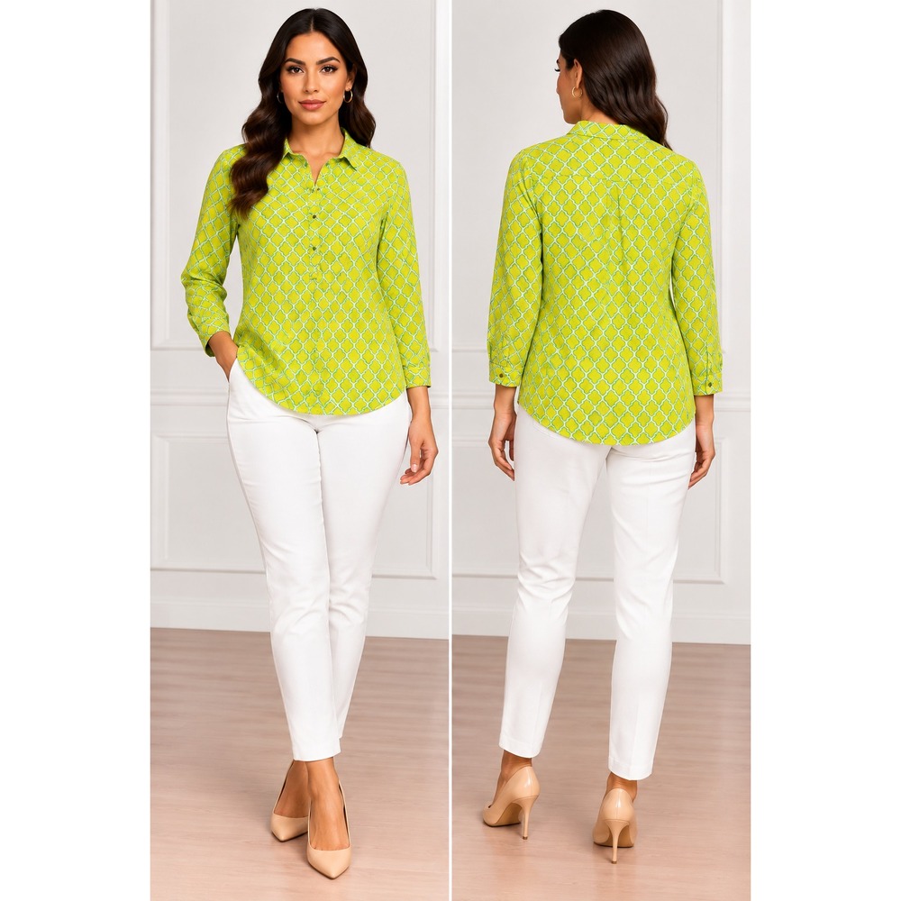 Lands End Button Front Shirt Womens 16 Lime Green Excellent Quatrefoil Cotton